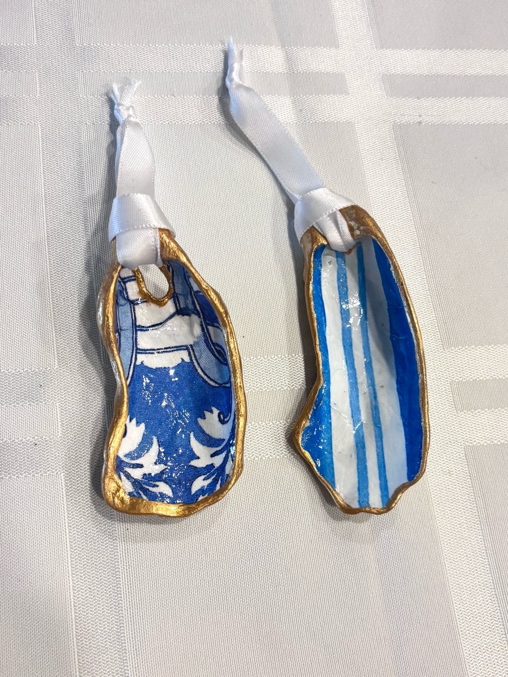 Blue & Gold Hand-Painted Striped & Chinoiserie Oyster Shell Ornaments - Picture 1 of 5